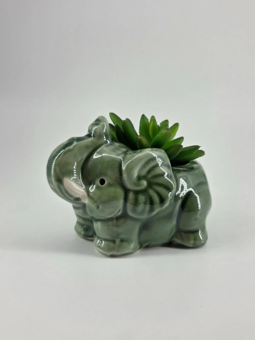 Vintage Sage Green Ceramic Elephant Planter Succulent Pot